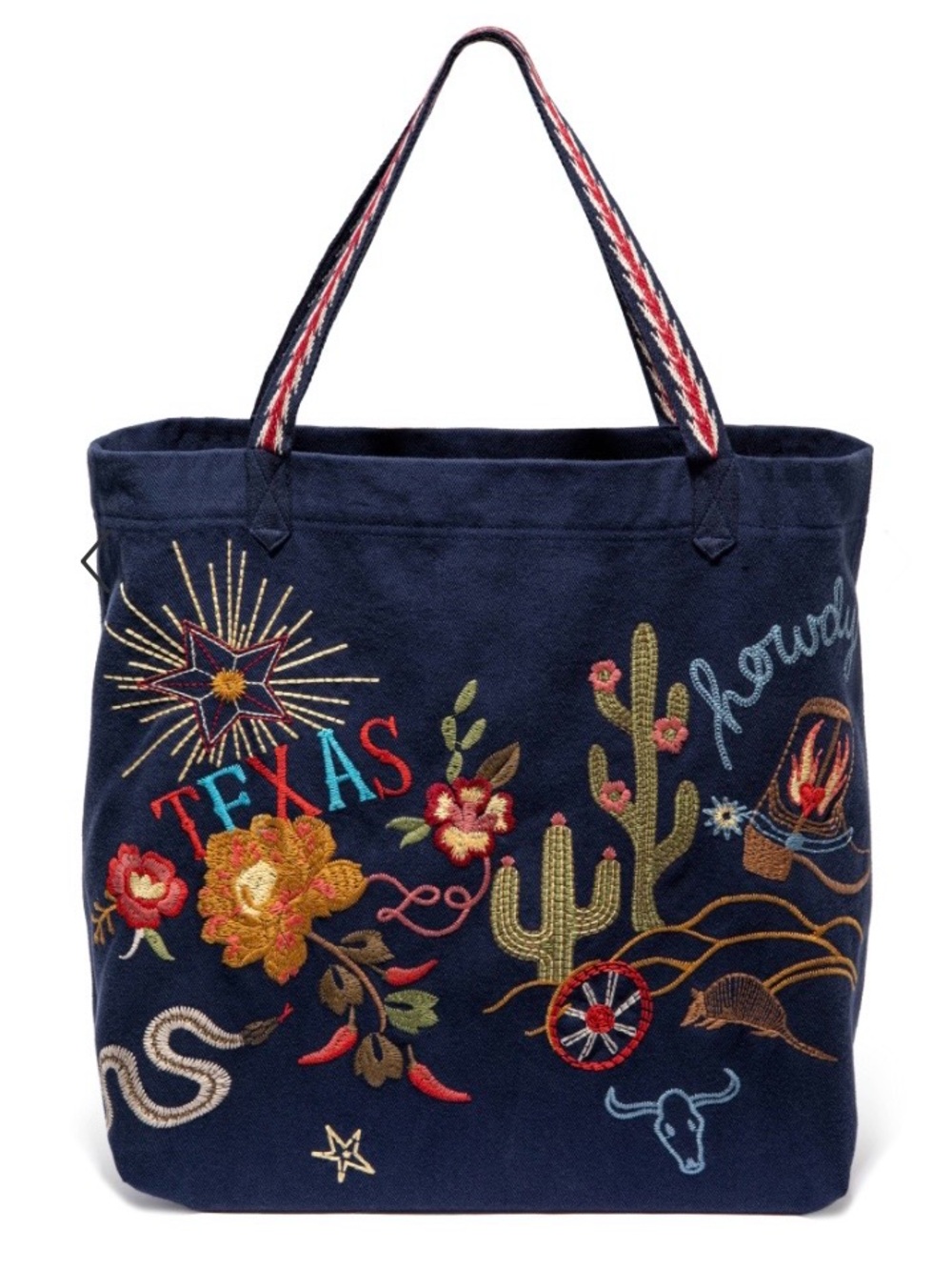 NEW Johnny Was Texas Everyday Tote Embroidered Cactus Horse Snake Blue 19" x 14"
